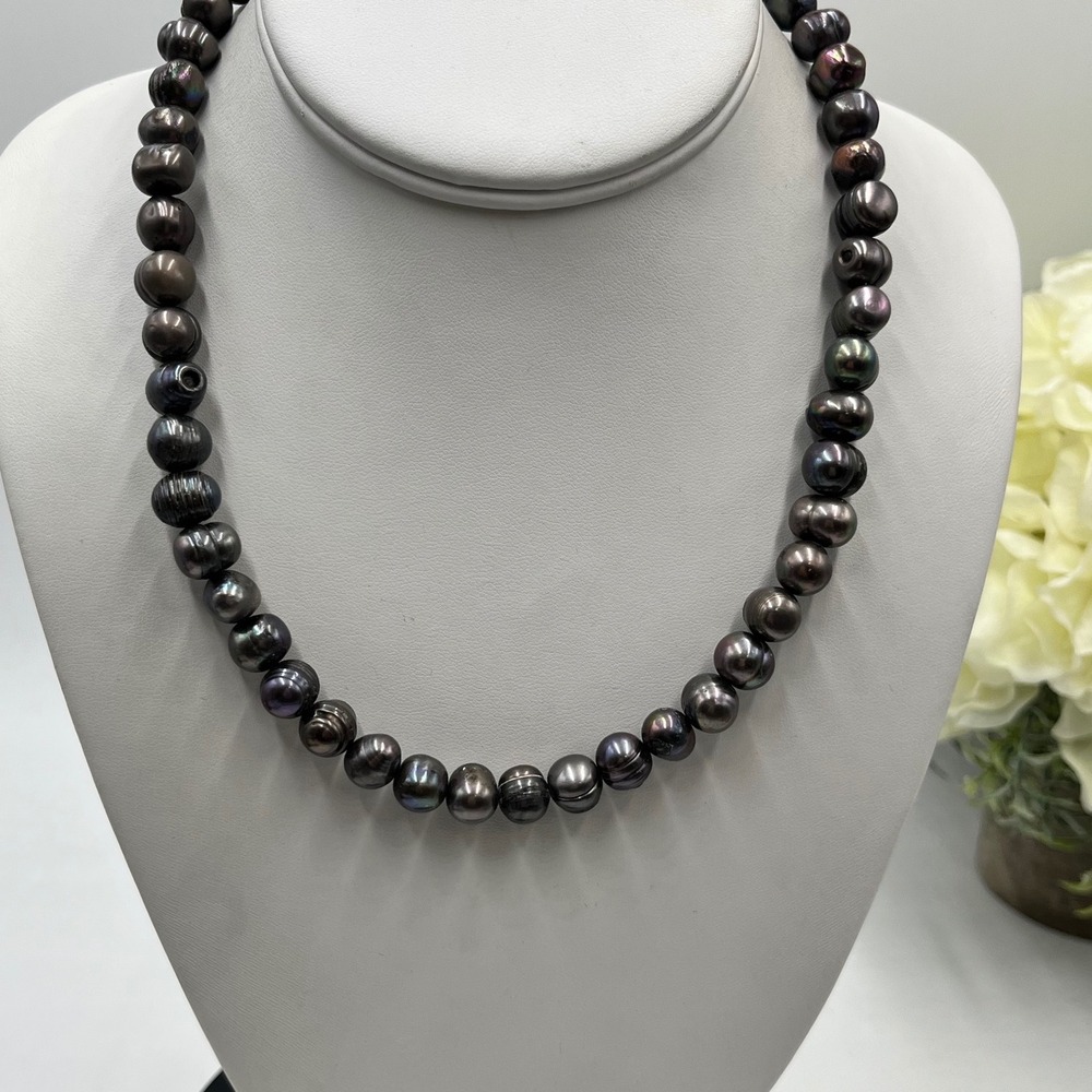 Gray‎ Oil Slick 10mm Tahitian Baroque Pearl Single Strand Classic Necklace